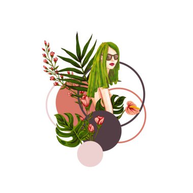 Daireler ve tropikal bitkilerle çevrili gözlüklü genç bir kızın yaratıcı çizimi. Moda ürünleri için baskı. Yeşil saçlı kadın doğa ve ekolojiyi düşünür.