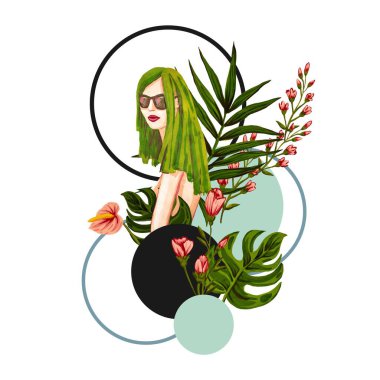 Daireler ve tropikal bitkilerle çevrili gözlüklü genç bir kızın yaratıcı çizimi. Moda ürünleri için baskı. Yeşil saçlı kadın doğa ve ekolojiyi düşünür.