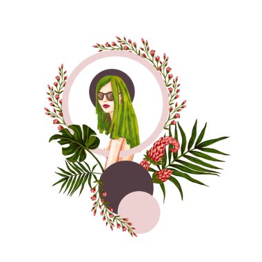 Daireler ve tropikal bitkilerle çevrili gözlüklü genç bir kızın yaratıcı çizimi. Moda ürünleri için baskı. Yeşil saçlı kadın doğa ve ekolojiyi düşünür.
