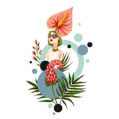 Daireler ve tropikal bitkilerle çevrili gözlüklü genç bir kızın yaratıcı çizimi. Moda ürünleri için baskı. Yeşil saçlı kadın doğa ve ekolojiyi düşünür.