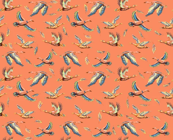 Texturierter Hintergrund Mit Enten Und Gänsen Die Himmel Fliegen Nahtloses — Stockfoto