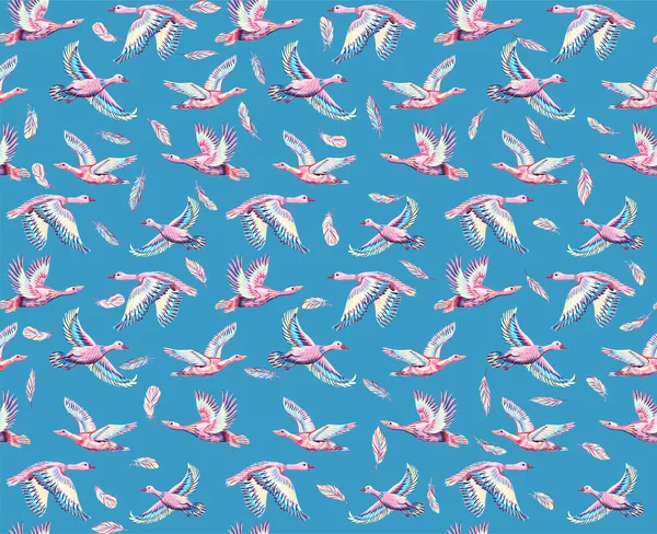 Ördekler ve gökyüzünde uçan kazlarla dokulu bir arka plan. Elle çizilmiş büyük kuşların kusursuz desenleri. Kumaş ve kağıt için yazdır