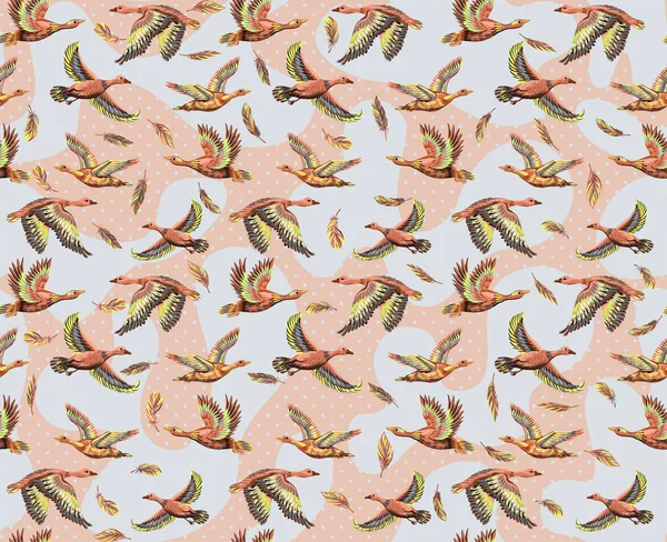 Textured Background Ducks Geese Flying Sky Seamless Pattern Hand Drawn — Stock Photo, Image