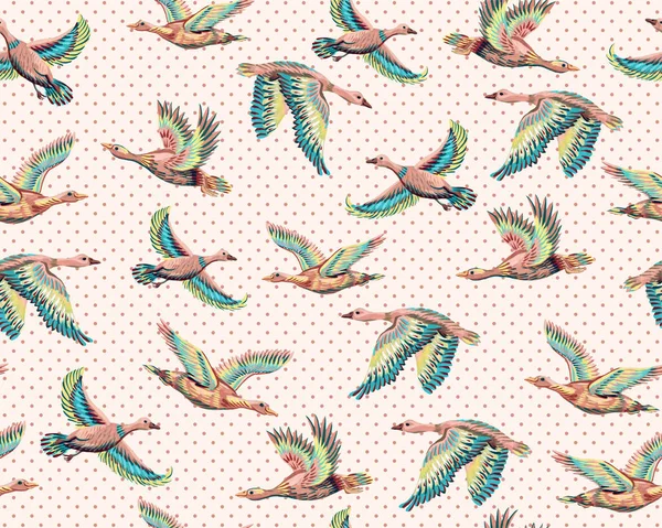 Textured Background Ducks Geese Flying Sky Seamless Pattern Hand Drawn — Stock Photo, Image