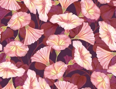 Pembe loach boyalı çiçekleri olan bitkisel ve pürüzsüz desen. Çiçek desenli dijital sanat geçmişi. Kağıt ve kumaş için baskı. Moda yüzey tekstil tasarımı