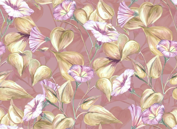 Örtbaserade Sömlösa Mönster Med Målade Blommor Rosa Loach Digital Konst — Stockfoto