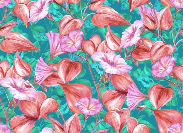 Kräuternahtloses Muster Mit Bemalten Blüten Aus Rosa Schmerle Digitale Kunst — Stockfoto