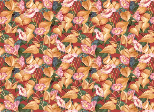 Herbal Naadloos Patroon Met Geschilderde Bloemen Van Roze Loach Digitale — Stockfoto