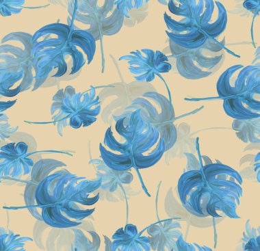 Tropik bitkilerin boyalı yapraklarıyla kusursuz desen. Otlar ve ağaçlar botanik tarzında. Trend bir arka planda bitkiler. Tekstil ve kağıt için yazdır