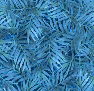 Tropik bitkilerin boyalı yapraklarıyla kusursuz desen. Otlar ve ağaçlar botanik tarzında. Trend bir arka planda bitkiler. Tekstil ve kağıt için yazdır