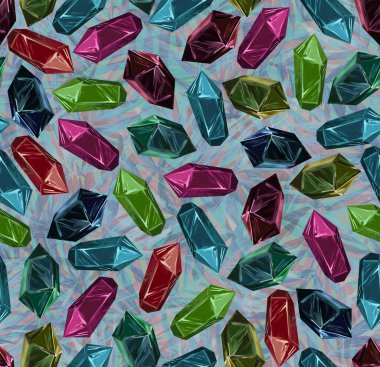 Farklı minerallerin çizilmiş kristalleriyle kusursuz desen. Dağınık mücevherler. trend bir arkaplanda. Tekstil ve kağıt baskısı. Kuvars, zümrüt, kehribar, safir, yakut, aquamarin, ametist, opal