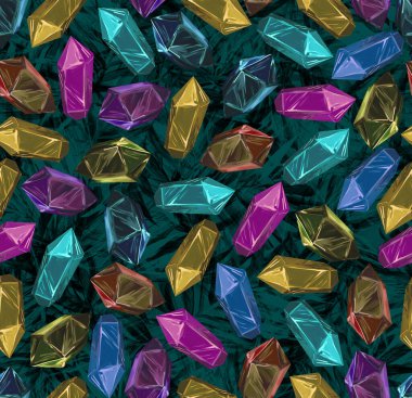 Farklı minerallerin çizilmiş kristalleriyle kusursuz desen. Dağınık mücevherler. trend bir arkaplanda. Tekstil ve kağıt baskısı. Kuvars, zümrüt, kehribar, safir, yakut, aquamarin, ametist, opal