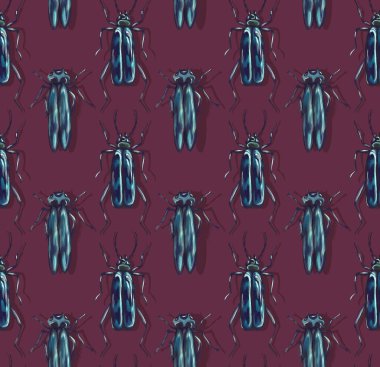 Boyalı böceklerle kusursuz desen. Çimenlerde ve ağaçlarda yaşayan böcekler ve hamamböcekleri. Eğilimli arka plandaki hayvanlar. Tekstil ve kağıt için yazdır