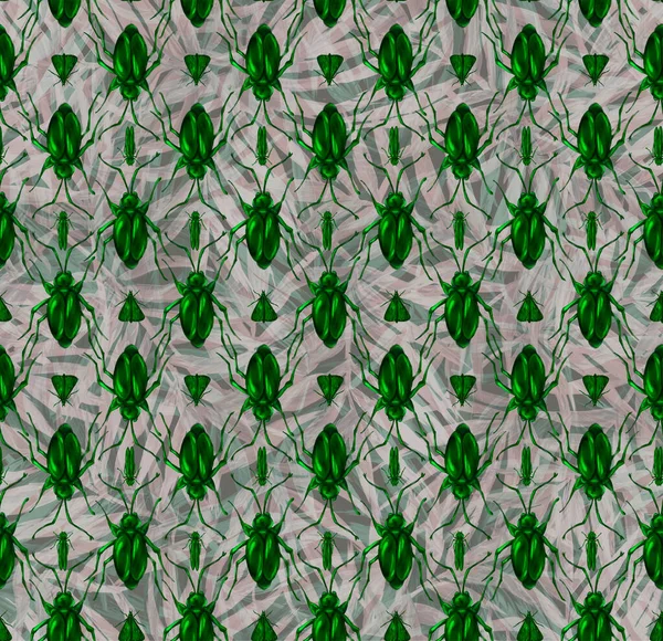 塗装された昆虫とシームレスなパターン 草や木の上に住むビートルやゴキブリ 傾向の背景にある動物 織物と紙のための印刷 — ストック写真