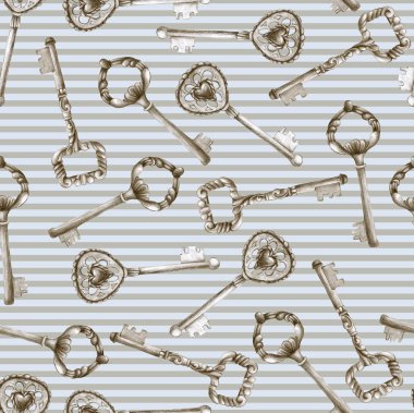 Kalem vintage anahtarlarla eski kilitlerden çizilmiş kusursuz desen. Çizgili arka plan ve metal kıvrımlı anahtarlar. Kağıt ve kumaş üzerine baskı yapmak için arka plan. Moda yazdırma