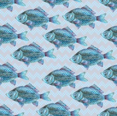 Kalemle çizilmiş nehir balığı sazan balığı ve Dorado 'nun zarif ve pürüzsüz desenleri var. Su altı hayvanlarıyla donanma geçmişi. Büyük pullu ve renkli yüzgeçli balıklar. Kağıt ve tekstil için yazdır