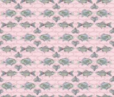 Kalemle çizilmiş nehir balığı sazanı ya da Dorado, zarif ve pürüzsüz desenli. Deniz altı hayvanları, deniz kabukları ve salyangozlar. Büyük pullu balıklar ve renkli yüzgeçler. Kağıt ve tekstil için baskı.