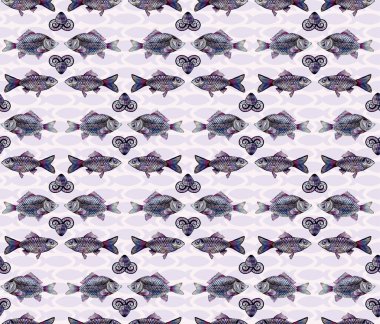 Kalemle çizilmiş nehir balığı sazanı ya da Dorado, zarif ve pürüzsüz desenli. Deniz altı hayvanları, deniz kabukları ve salyangozlar. Büyük pullu balıklar ve renkli yüzgeçler. Kağıt ve tekstil için baskı.