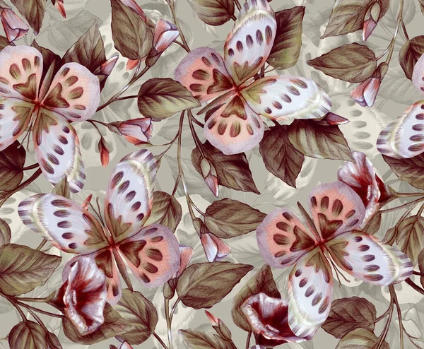 Nahtloses Muster Mit Mit Bleistift Gezeichneten Schmetterlingen Hintergrund Mit Blüten — Stockfoto