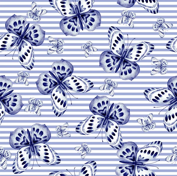 Seamless pattern with butterflies drawn in pencil. Background with stripes. Sketch texture for printing on paper and fabric with insects with beautiful wings. Fashion print