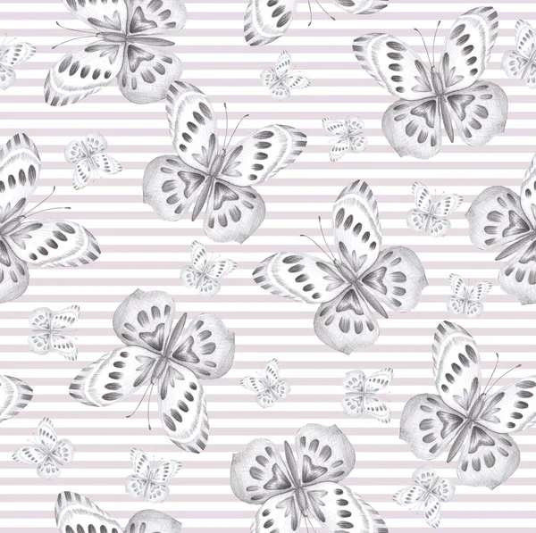 Nahtloses Muster Mit Mit Bleistift Gezeichneten Schmetterlingen Hintergrund Mit Streifen — Stockfoto