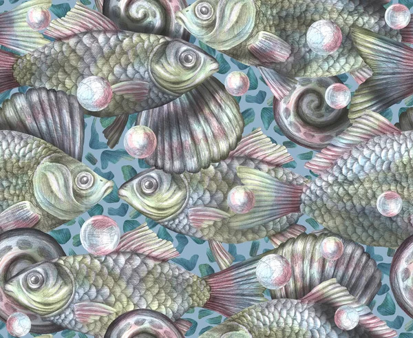 Ołówek Rysowane Karpia Ryb Rzecznych Lub Dorado Stylowy Bezszwowy Wzór — Zdjęcie stockowe