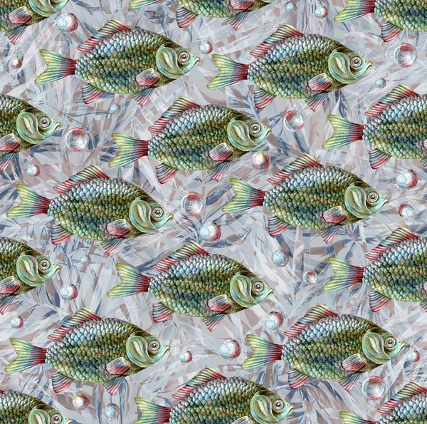 Pencil Drawn River Fish Carp Dorado Stylish Seamless Pattern Marine — Stock Photo, Image