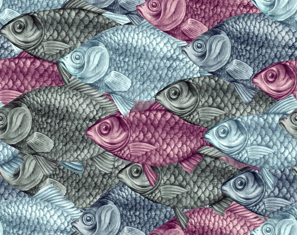 Pencil-drawn river fish carp and dorado in a stylish seamless pattern. Marine background with underwater animals. Fish with large scales and colored fins. Print for paper and textiles