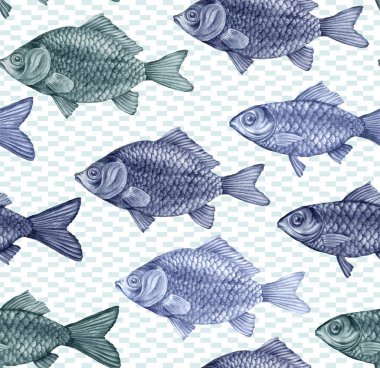 Kalemle çizilmiş nehir balığı sazan balığı ve Dorado 'nun zarif ve pürüzsüz desenleri var. Su altı hayvanlarıyla donanma geçmişi. Büyük pullu ve renkli yüzgeçli balıklar. Kağıt ve tekstil için yazdır