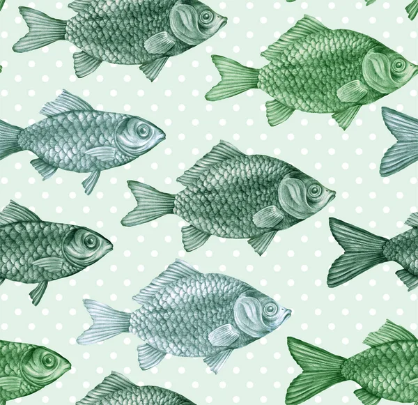 Pencil-drawn river fish carp and dorado in a stylish seamless pattern. Marine background with underwater animals. Fish with large scales and colored fins. Print for paper and textiles