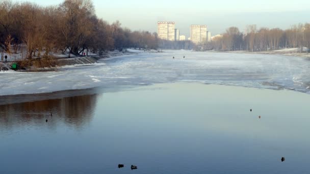 Staden sjön under våren och isen smälte. — Stockvideo