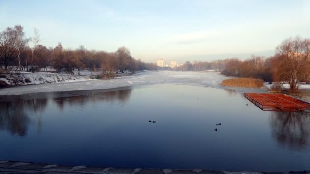 春には、溶けた氷で市湖. — ストック動画