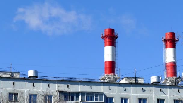 Camini fumanti di colore rosso su una casa . — Video Stock