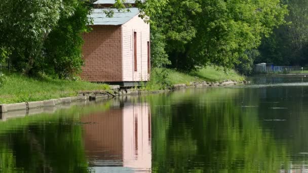 Klein huis in de buurt van de vijver met reflectie — Stockvideo