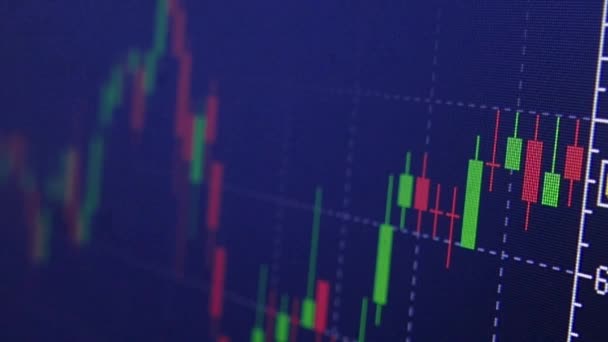 Cuadro de acciones de vela verde rojo sobre fondo azul — Vídeo de stock