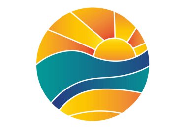 Güneş logosu ve deniz dalgaları içeren soyut bir şablon. Seyahat işi için konsept tasarım logosu. Deniz manzaralı daire şeklinde seyahat acentası logosu, güneş ve dalgalar. Vektör illüstrasyonu