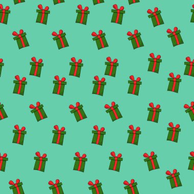 Yeşil arka planda, koyu yeşil hediye kutuları ve kırmızı kurdelelerle kusursuz desen.