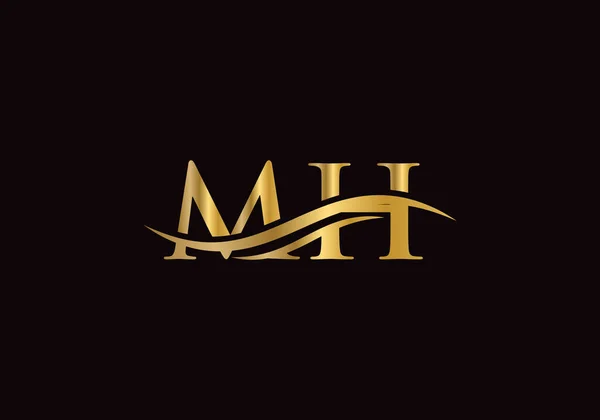 Mh字母标志着金黄色的现代风尚 商业机构标志的Mh标志设计 — 图库矢量图片