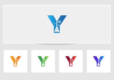 Temizlik logosu tasarımı, ev temizliği ve hizmetçi logosu. Harflerin üzerindeki Süpürge Logosu Y Tasarımı