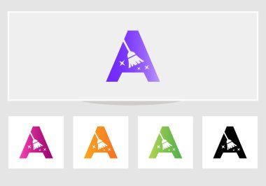 Temizlik logosu tasarımı, ev temizliği ve hizmetçi logosu. Harflerin üzerindeki Süpürge Logosu Tasarımı A.