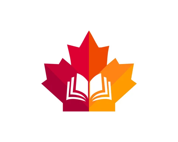 Akçaağaç Kitap logosu tasarımı. Kanada Eğitim logosu. Kitap vektörlü kırmızı akçaağaç yaprağı