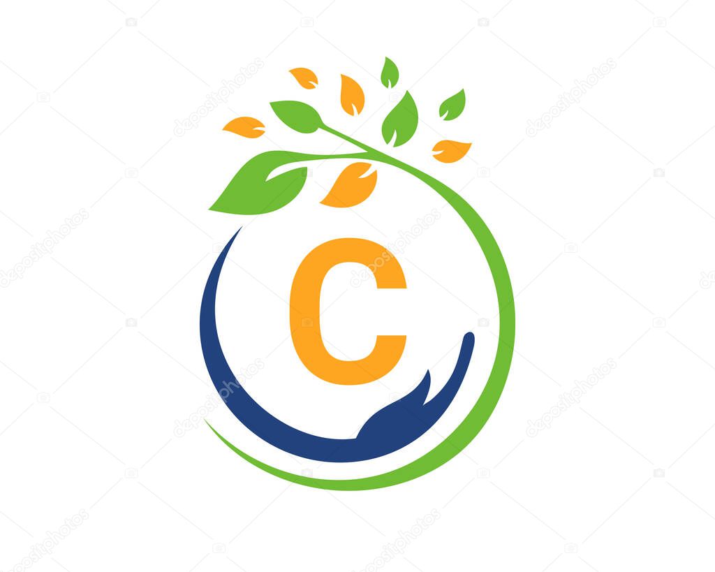 Charity logo with hand, leaf and C letter concept. Hand care foundation logo