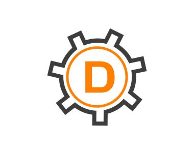 D harfindeki Gear Logosu. D harfinin baş harfi, Gear Harfi Logosu Tasarım Şablonu. D vites Mühendisi Logosu