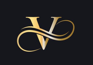 V Harfi İlk Lüks Logo Şablonu. V Logosu Altın Kavram. Altın Lüks Renkli V Harfi Logosu ve Monogram Tasarımı.
