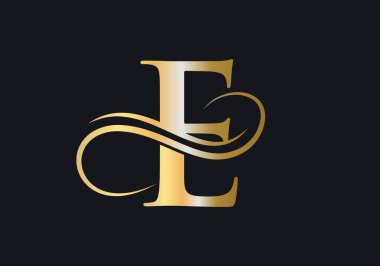 E Harfi İlk Lüks Logo Şablonu. Altın Logo E Logosu. Altın Lüks Renkli E Harfi Logosu ve Monogram Tasarımı.
