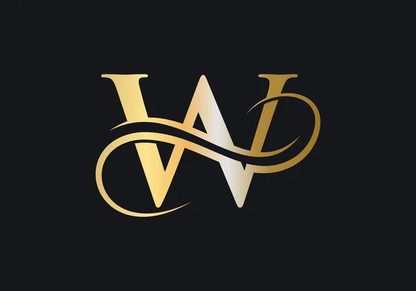 W字首字母假标志模板 W标志黄金概念 带有金黄色和专题设计的W字母标志 — 图库矢量图片