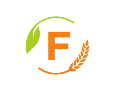 F harfi üzerinde tarım logosu. Tarım ve tarım logosu tasarımı. F harfi şablonlu tarım, eko-tarım ve kırsal ülke tasarımı