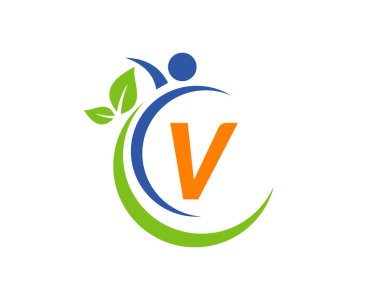V harfindeki insan sağlığı logosu. V harfli sağlık logosu. Tıbbi Logo Şablonu Vektör İllüstrasyonu