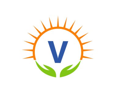 El, Güneş ve V harfli hayırseverlik logosu. V harfi Charity Logo Şablonu Bağışlama Organizasyonu Logotype Vektörü