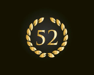 52 Yıldönümü Yüzük Logosu Şablonu. 52 Yıl Yıldönümü Logosu, Kara Arkaplandaki Altın Yüzükle, Doğum günü, Yıldönümü ve Şirket Kutlamaları İçin